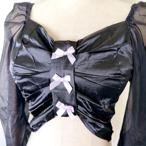 Women's French Long Sleeve Crop Blouse in Satin (Black) - Picture 4 of 7